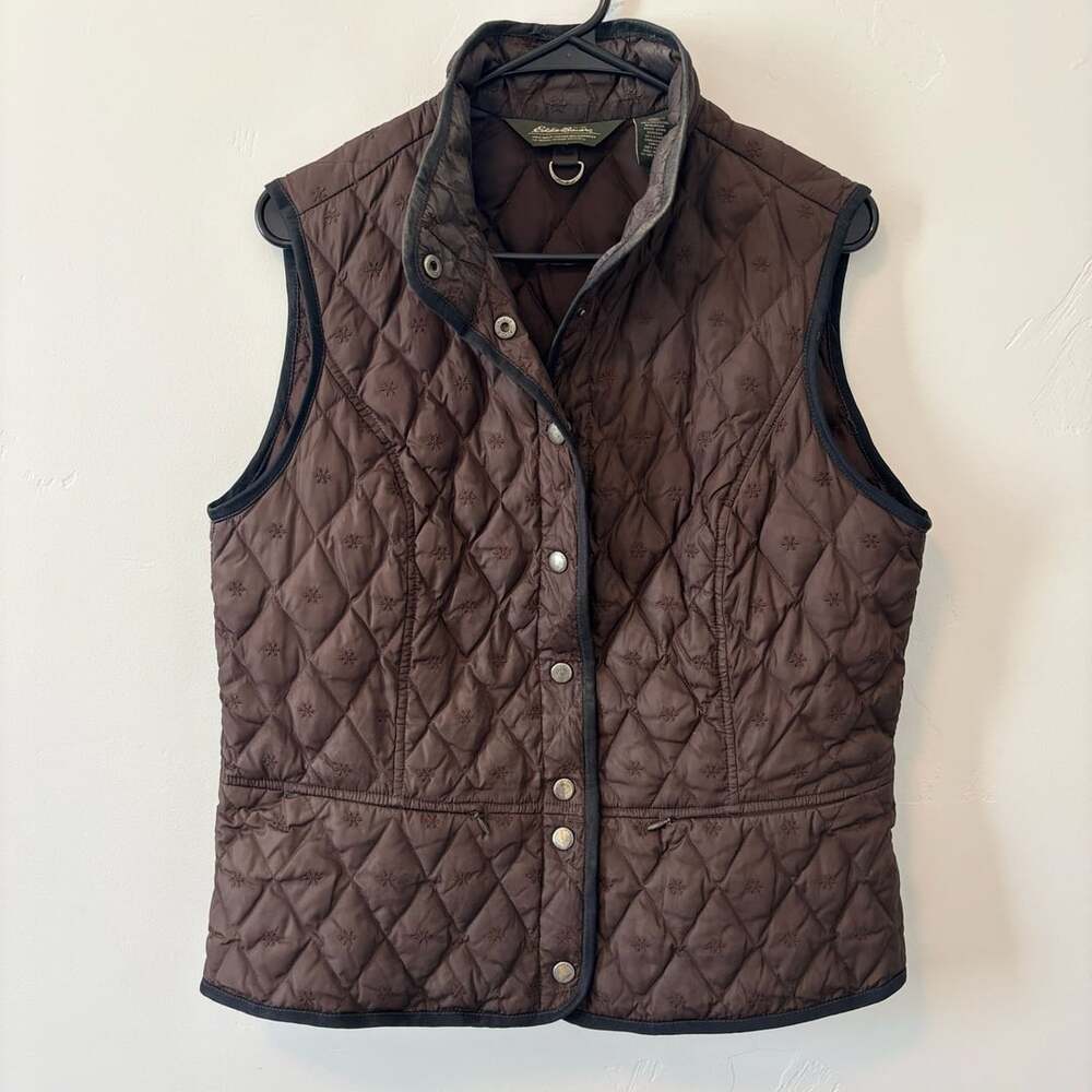 Eddie Bauer Quilted Goose Down Vest Size L Brown Embroidered